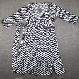 East Adeline Womens 1X Blue White Geometric Print Faux Wrap Dress 3/4 Sleeve NEW